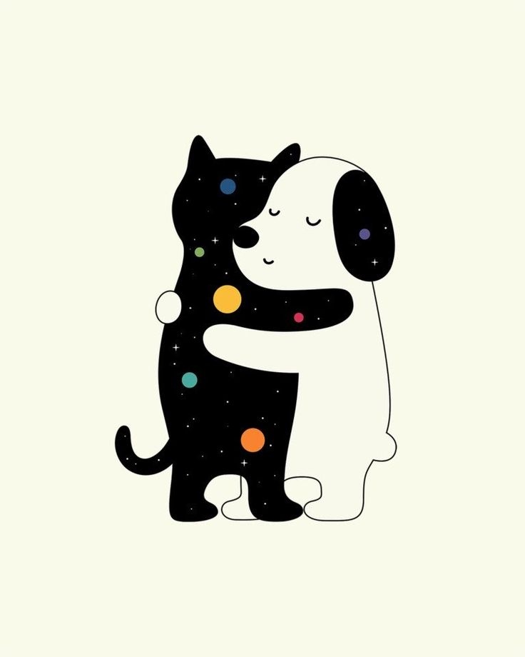 Чёрный кот и пёс в обнимку